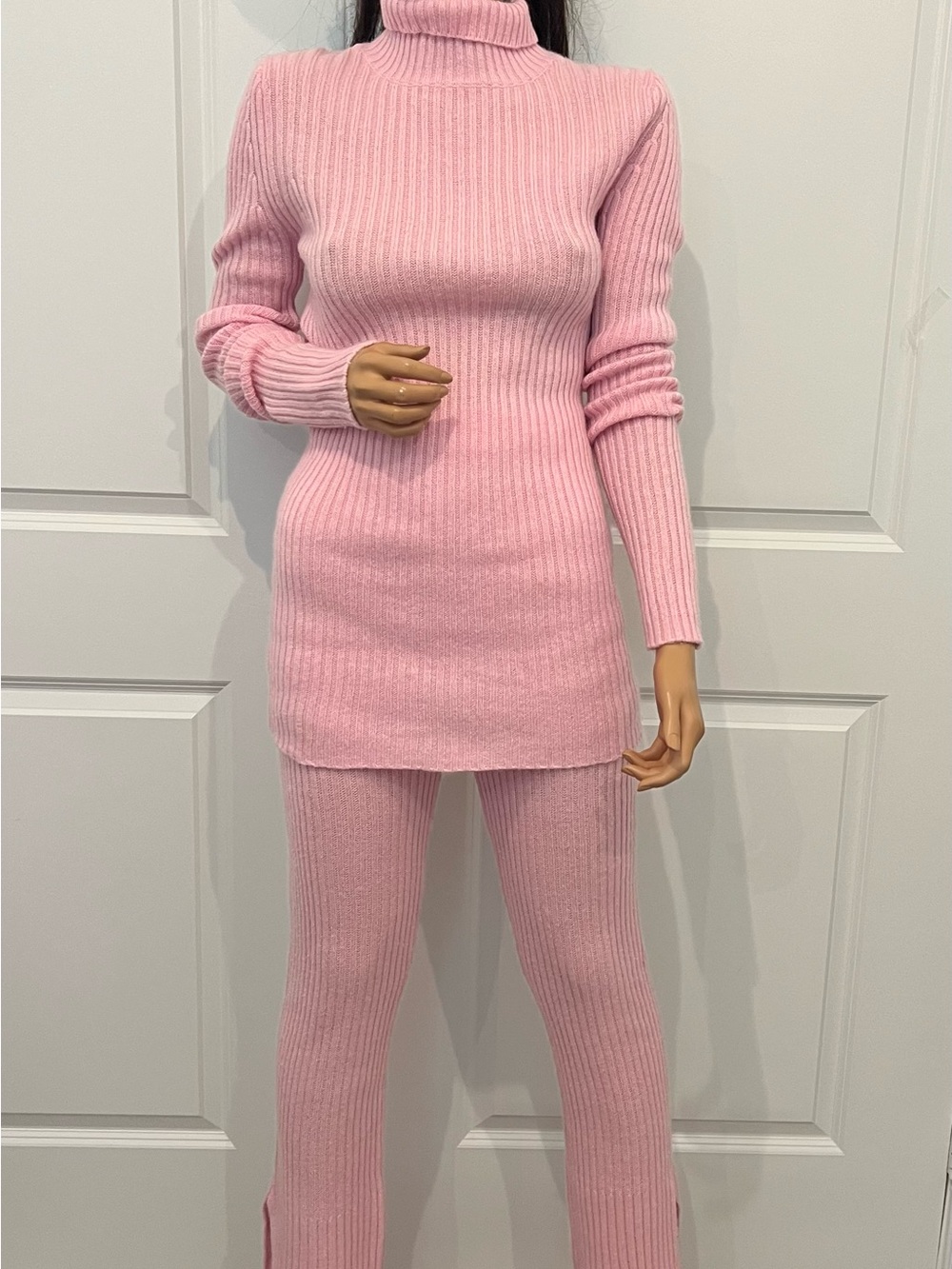 Something Navy Pink Wool Cashmere Ribbed Knit Sweater & Pants Set sz S